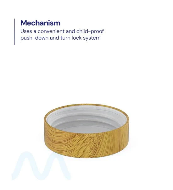 Child Resistant | Flat Push Down & Turn Plastic PCR Caps w/ Foam Liner | 53mm - Bamboo Wood - 120 Count - Image 3