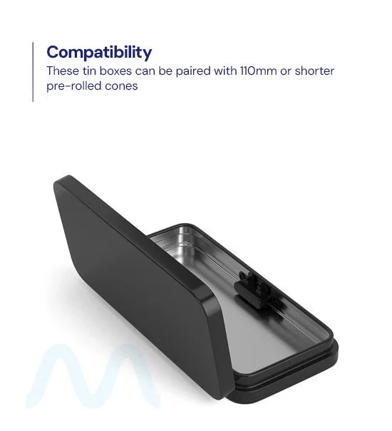Child Resistant & Sustainable | Hinged-Lid Large Pre-Rolls Box | 120mm x 58mm - Black Tin - 100 Count - Image 9