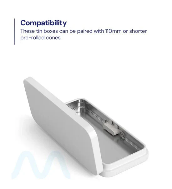 Child Resistant & Sustainable | Hinged-Lid Large Pre-Rolls Box | 120mm x 58mm - White Tin - 100 Count - Image 9