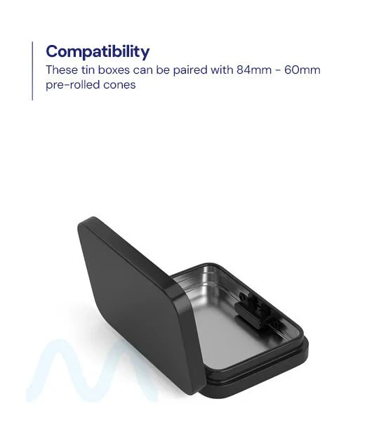 Child Resistant & Sustainable | Hinged-Lid Mini Pre-Rolls Box | 80mm x 58mm - Black Tin - 100 Count - Image 4