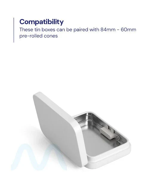 Child Resistant & Sustainable | Hinged-Lid Mini Pre-Rolls Box | 80mm x 58mm - White Tin - 100 Count - Image 9