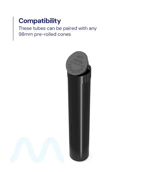 Child Resistant | Pop Top Opaque Plastic Pre-Roll Tubes (Open) | 98mm - Black - 1000 Count - Image 3