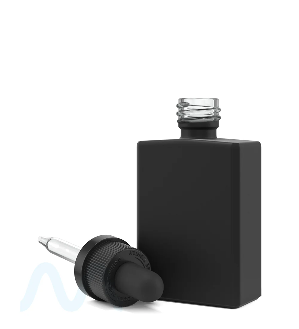 Child Resistant | Rectangular Glass Tincture Bottles w/ Black Ribbed Dropper Cap | 30mL - Matte Black - 120 Count - Image 6