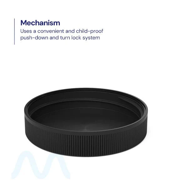 Child Resistant | Ribbed Push Down & Turn Plastic Caps | 89mm - Semi Gloss Black - 205 Count - Image 3