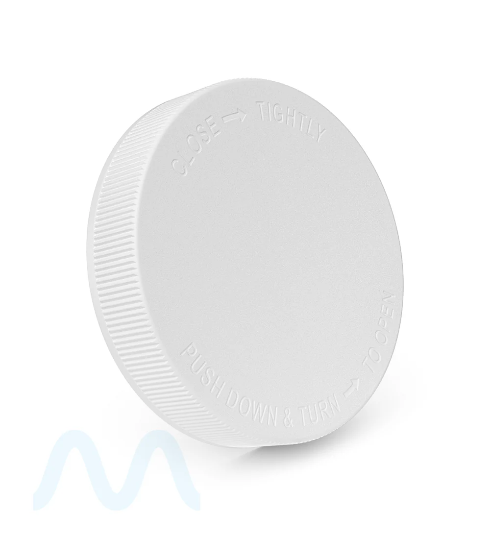 Child Resistant | Ribbed Push Down & Turn Plastic Caps w/ Foam & Pressure Sensitive Liner | 89mm - Semi Gloss White - 205 Count - Image 3