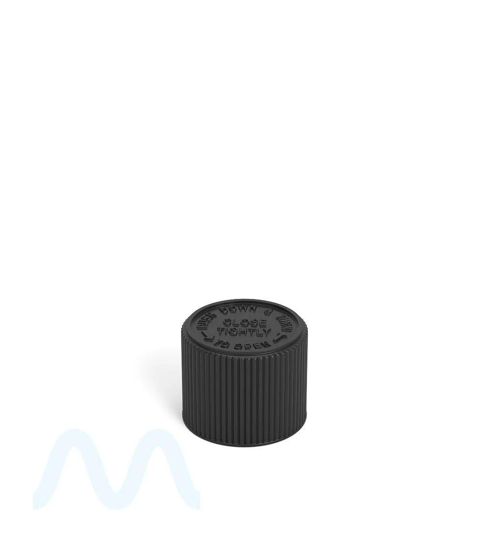 Child Resistant Ribbed Push Down & Turn Plastic PCR Caps w/ Foam Liner | 18mm - Matte Black | Sample