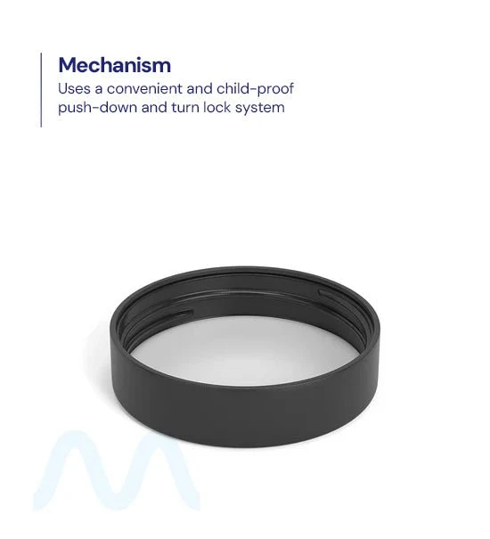 Child Resistant | Smooth Push Down & Turn Plastic PCR Caps w/ Foam Liner | 57mm - Semi Gloss Black - 72 Count - Image 3