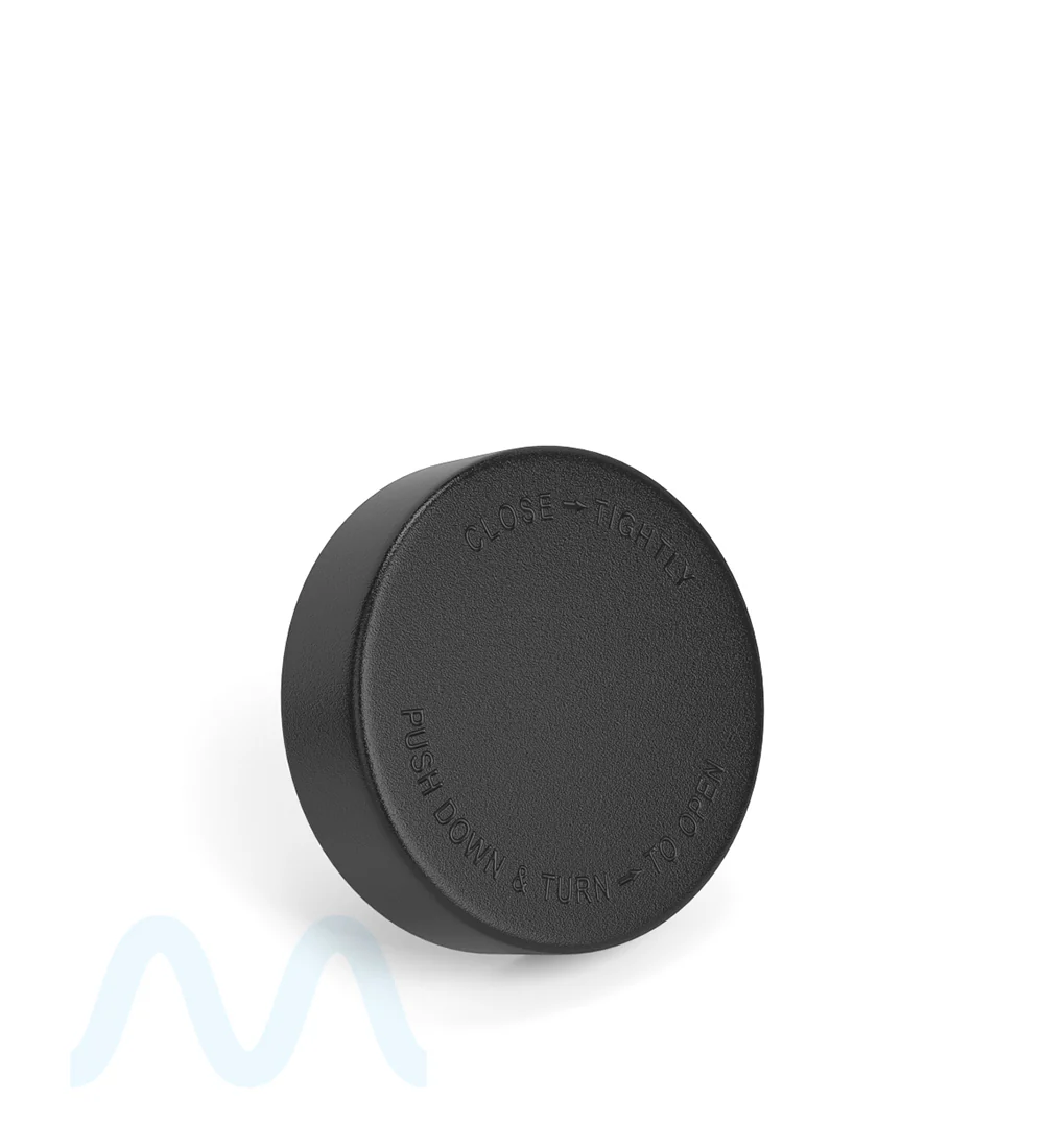 Child Resistant | Smooth Push Down & Turn Plastic PCR Caps w/ Text & Foam Induction Heat Seal Liner | 50mm - Matte Black - 100 Count