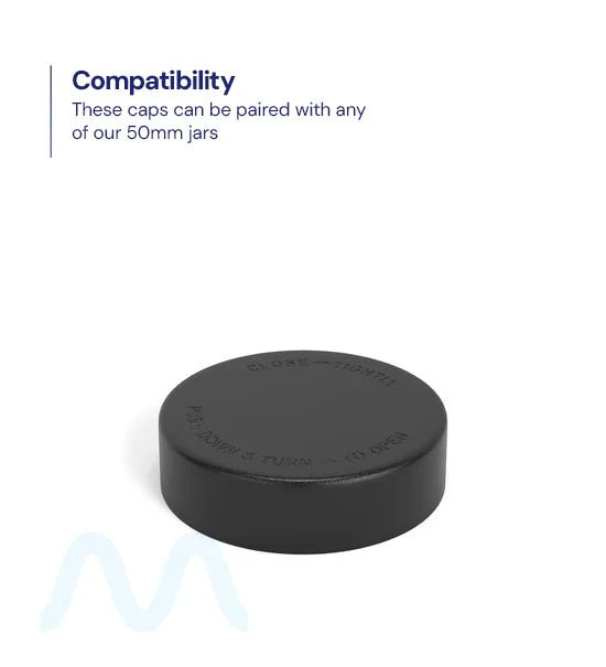 Child Resistant | Smooth Push Down & Turn Plastic PCR Caps w/ Text & Foam Induction Heat Seal Liner | 50mm - Matte Black - 100 Count - Image 4