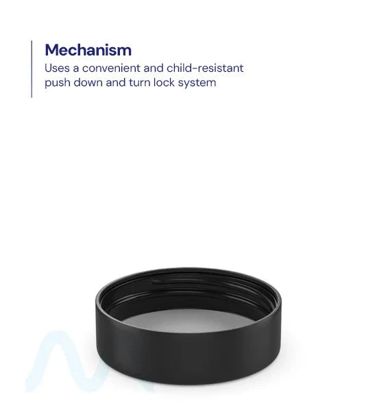 Child Resistant | Smooth Push Down & Turn Plastic PCR Caps w/ Text & Foam Liner | 50mm - Matte Black - 100 Count - Image 3