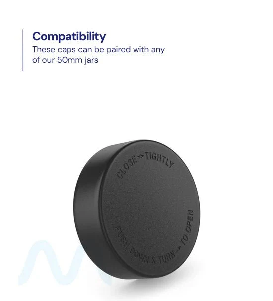 Child Resistant | Smooth Push Down & Turn Plastic PCR Caps w/ Text & Foam Liner | 50mm - Matte Black - 100 Count - Image 4