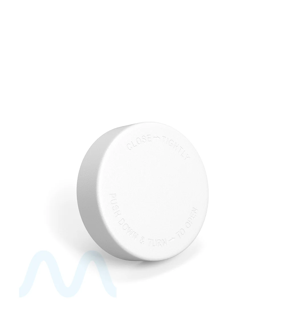 Child Resistant | Smooth Push Down & Turn Plastic PCR Caps w/ Text & Foam Liner | 50mm - Matte White - 100 Count