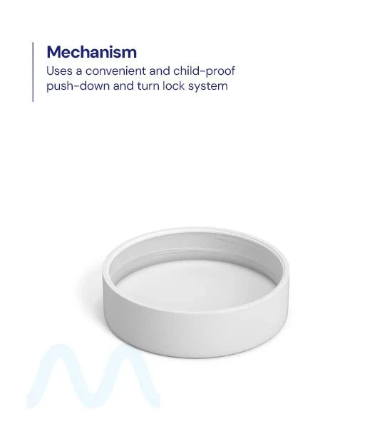 Child Resistant | Smooth Push Down & Turn Plastic PCR Caps w/ Text & Foam Liner | 50mm - Matte White - 100 Count - Image 3