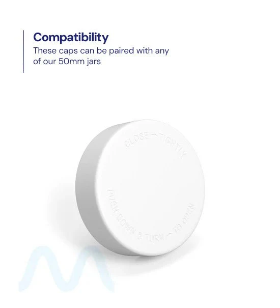 Child Resistant | Smooth Push Down & Turn Plastic PCR Caps w/ Text & Foam Liner | 50mm - Matte White - 100 Count - Image 4