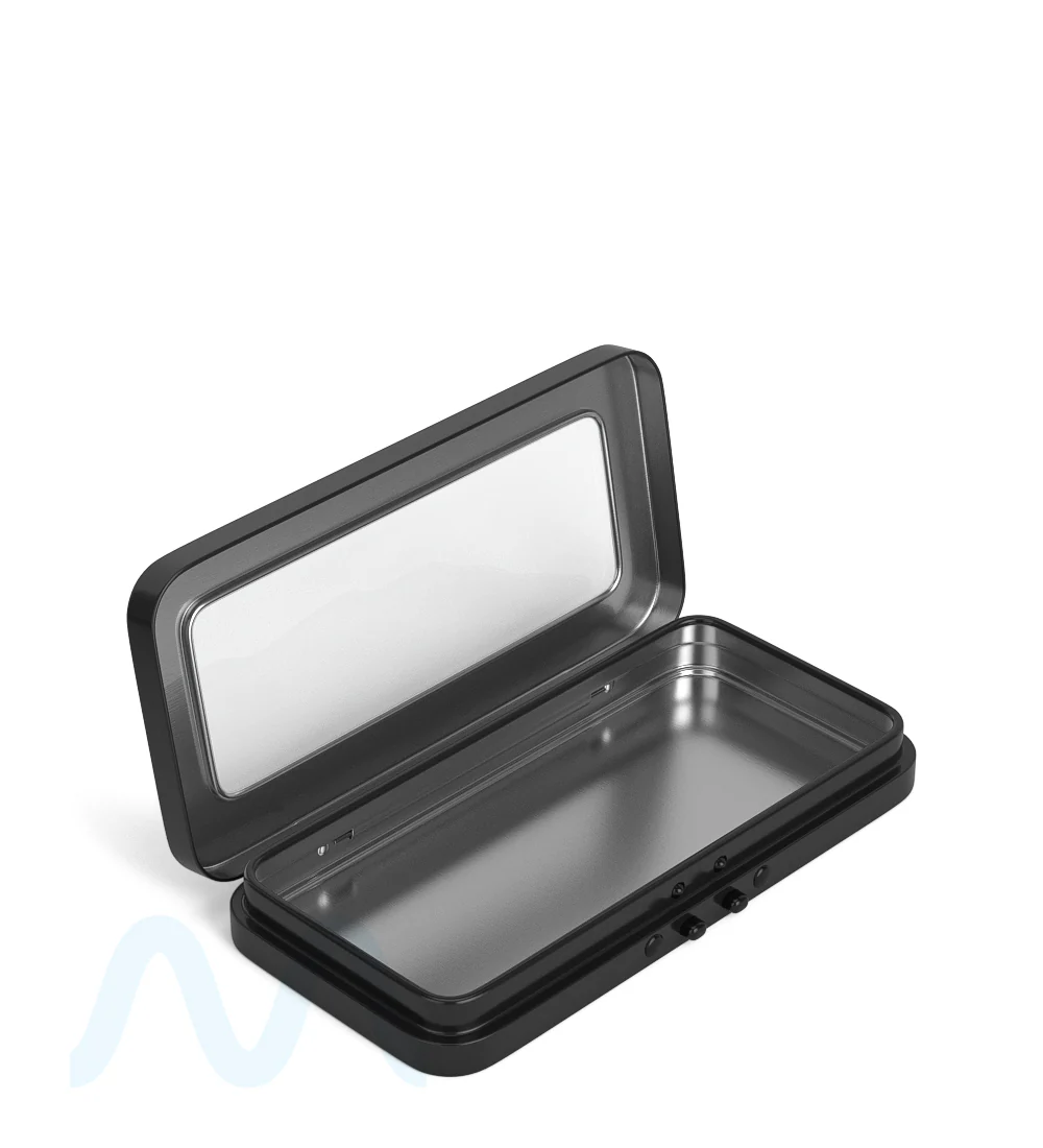 Child Resistant & Sustainable | Hinged-Lid Large Vista Pre-Rolls Box w/ See-Through Window | 120mm x 58mm - Black Tin - 100 Count - Image 2