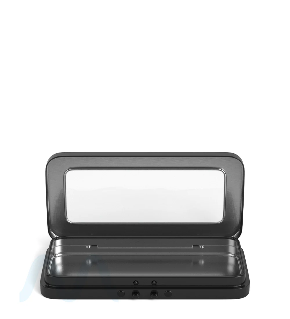 Child Resistant & Sustainable | Hinged-Lid Large Vista Pre-Rolls Box w/ See-Through Window | 120mm x 58mm - Black Tin - 100 Count - Image 3