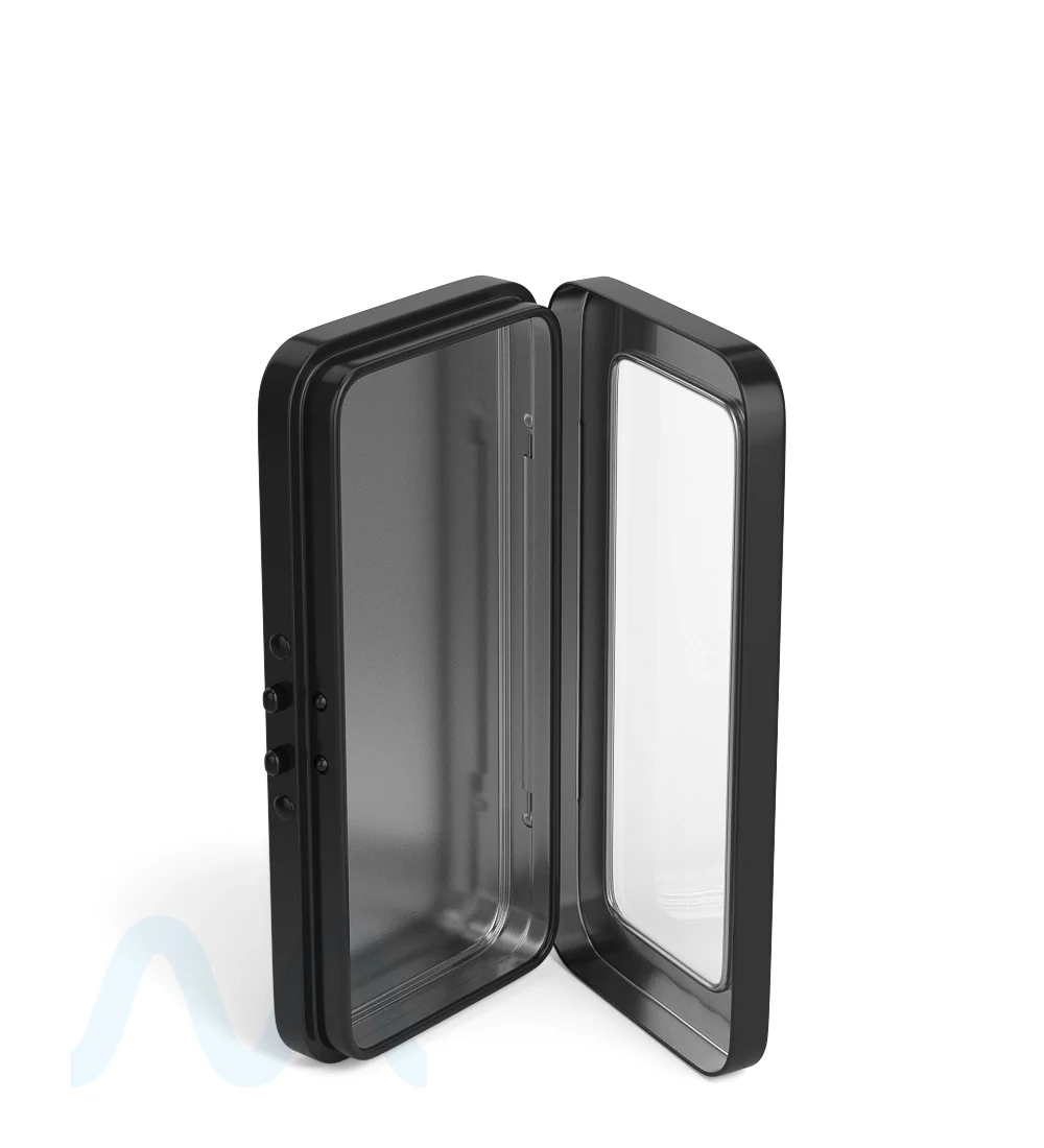 Child Resistant & Sustainable | Hinged-Lid Large Vista Pre-Rolls Box w/ See-Through Window | 120mm x 58mm - Black Tin - 100 Count - Image 6