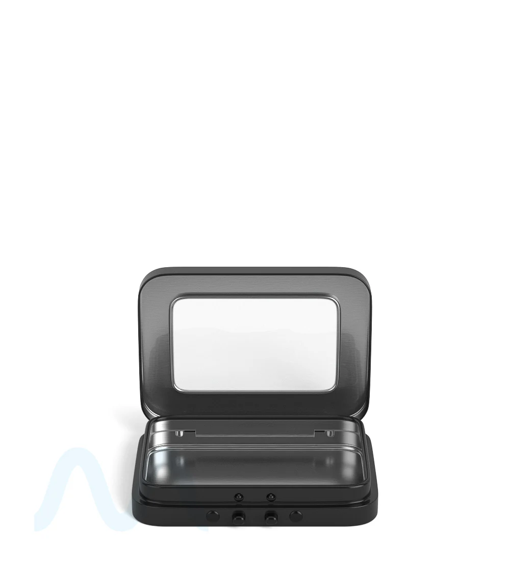 Child Resistant & Sustainable | Hinged-Lid Mini Size Vista Pre-Rolls Box w/ See-Through Window | 80mm x 58mm - Black Tin - 100 Count - Image 2