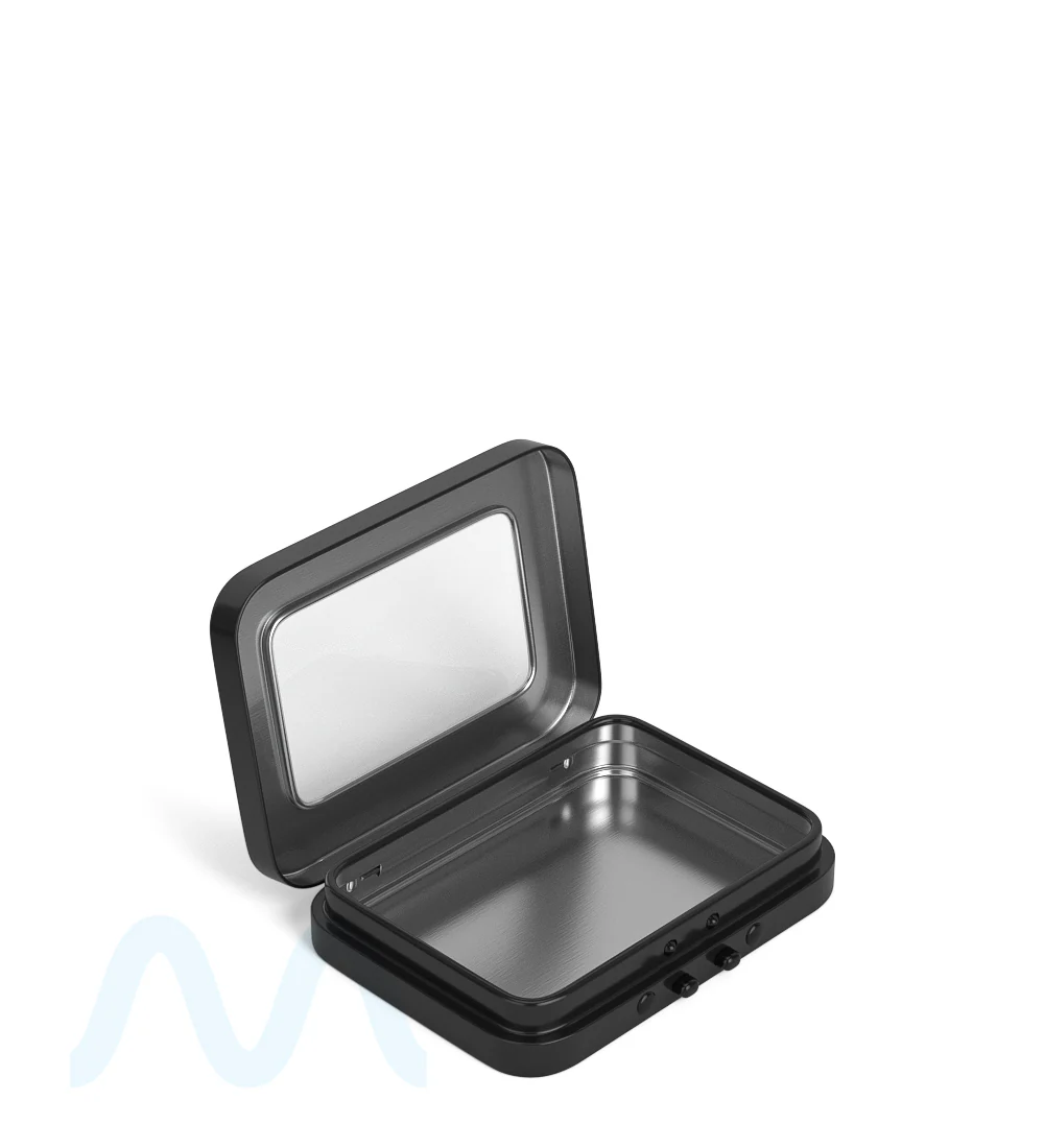Child Resistant & Sustainable | Hinged-Lid Mini Size Vista Pre-Rolls Box w/ See-Through Window | 80mm x 58mm - Black Tin - 100 Count - Image 4