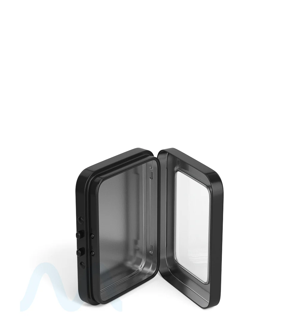 Child Resistant & Sustainable | Hinged-Lid Mini Size Vista Pre-Rolls Box w/ See-Through Window | 80mm x 58mm - Black Tin - 100 Count - Image 6