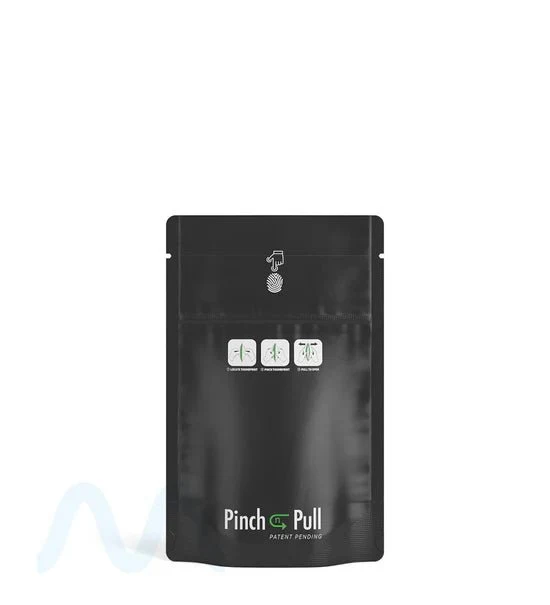 Child Resistant & Tamper Evident | Pinch N Pull Matte Black PCR Mylar Bags | 3.6in x 5.8in - 3.5g - 250 Count