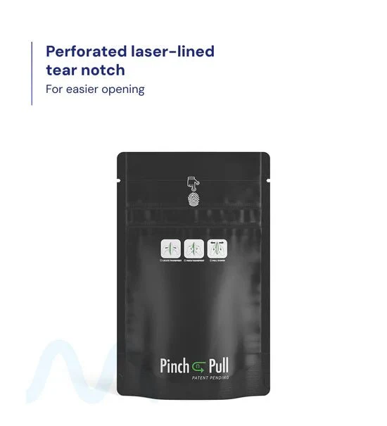 Child Resistant & Tamper Evident | Pinch N Pull Matte Black PCR Mylar Bags | 3.6in x 5.8in - 3.5g - 250 Count - Image 3