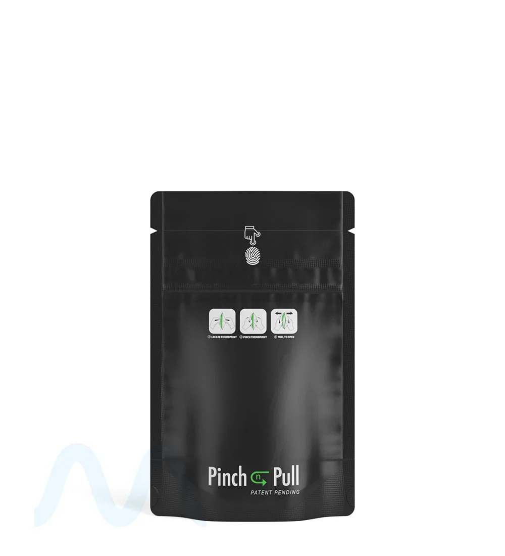Child Resistant & Tamper Evident Pinch N Pull Matte Black Vista PCR Mylar Bags | 3.6in x 5.8in - 3.5g | Sample