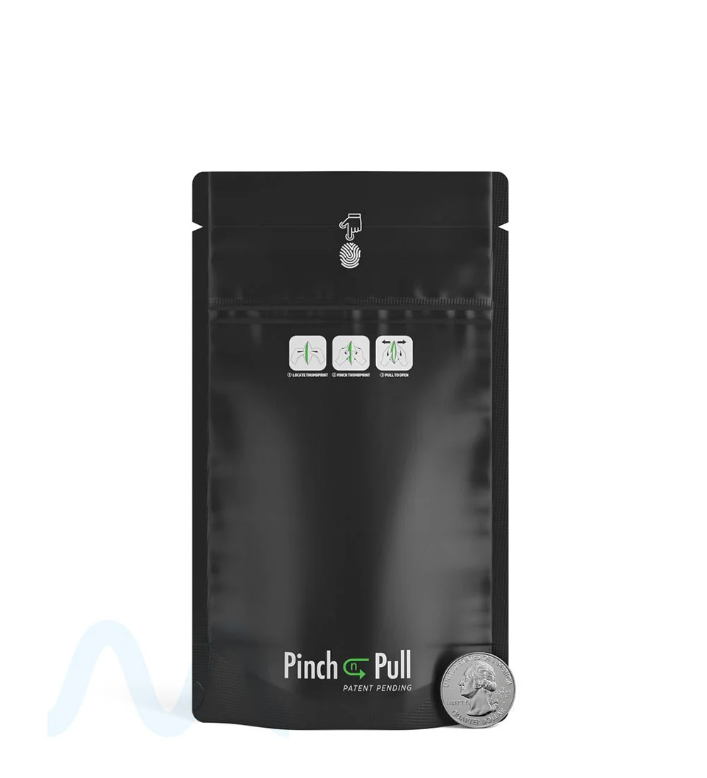 Child Resistant & Tamper Evident | Pinch N Pull Matte Black Vista PCR Mylar Bags | 4in x 7.4in - 7g - 250 Count - Image 5