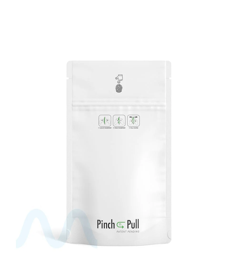 Child Resistant & Tamper Evident | Pinch N Pull Matte White PCR Mylar Bags | 4in x 7in - 7g - 250 Count