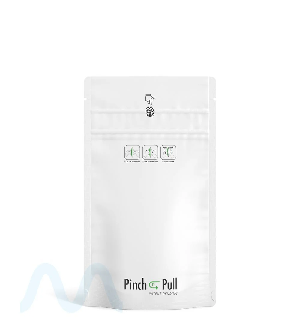 Child Resistant & Tamper Evident | Pinch N Pull Matte White PCR Mylar Bags | 4in x 7in - 7g - 250 Count - Image 2