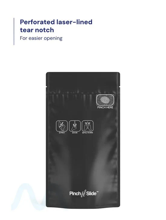 Child Resistant & Tamper Evident | Pinch N Slide 3.0 Matte Black Mylar PCR Bags | 4in x 7.4in - 7g - 250 Count - Image 3