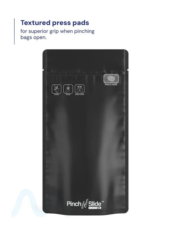 Child Resistant & Tamper Evident | Pinch N Slide 3.0 Matte Black PCR Mylar Bags | 5in x 8.8in - 14g - 250 Count - Image 2