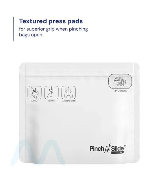Child Resistant & Tamper Evident | Pinch N Slide 3.0 Matte White Mylar Exit Bags | 8in x 6.7in - 28g - 250 Count - Image 3