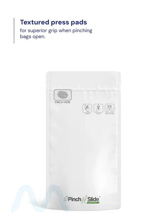 Child Resistant & Tamper Evident | Pinch N Slide 3.0 Matte White PCR Mylar Bags | 4in x 7.4in - 7g - 250 Count - Image 2
