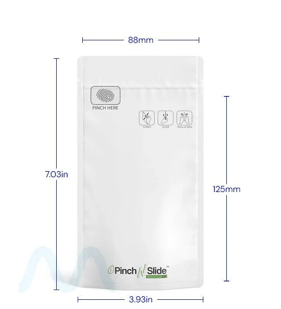Child Resistant & Tamper Evident | Pinch N Slide 3.0 Matte White PCR Mylar Bags | 4in x 7.4in - 7g - 250 Count - Image 5