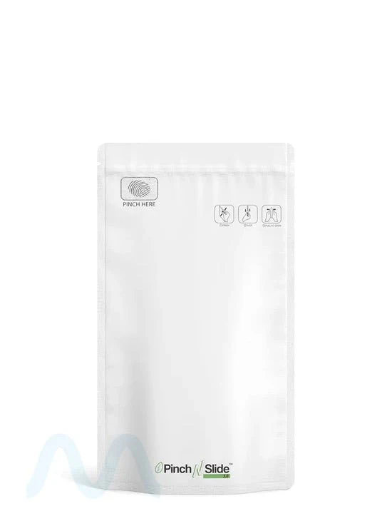 Child Resistant & Tamper Evident | Pinch N Slide 3.0 Matte White PCR Mylar Bags | 5in x 8.8in - 14g - 250 Count
