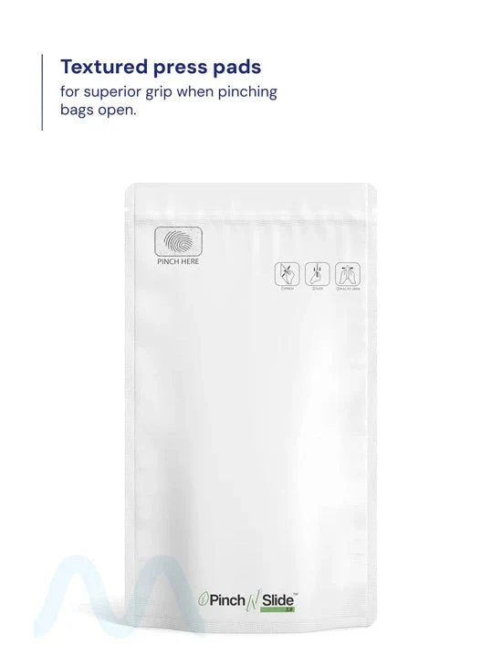 Child Resistant & Tamper Evident | Pinch N Slide 3.0 Matte White PCR Mylar Bags | 5in x 8.8in - 14g - 250 Count - Image 2