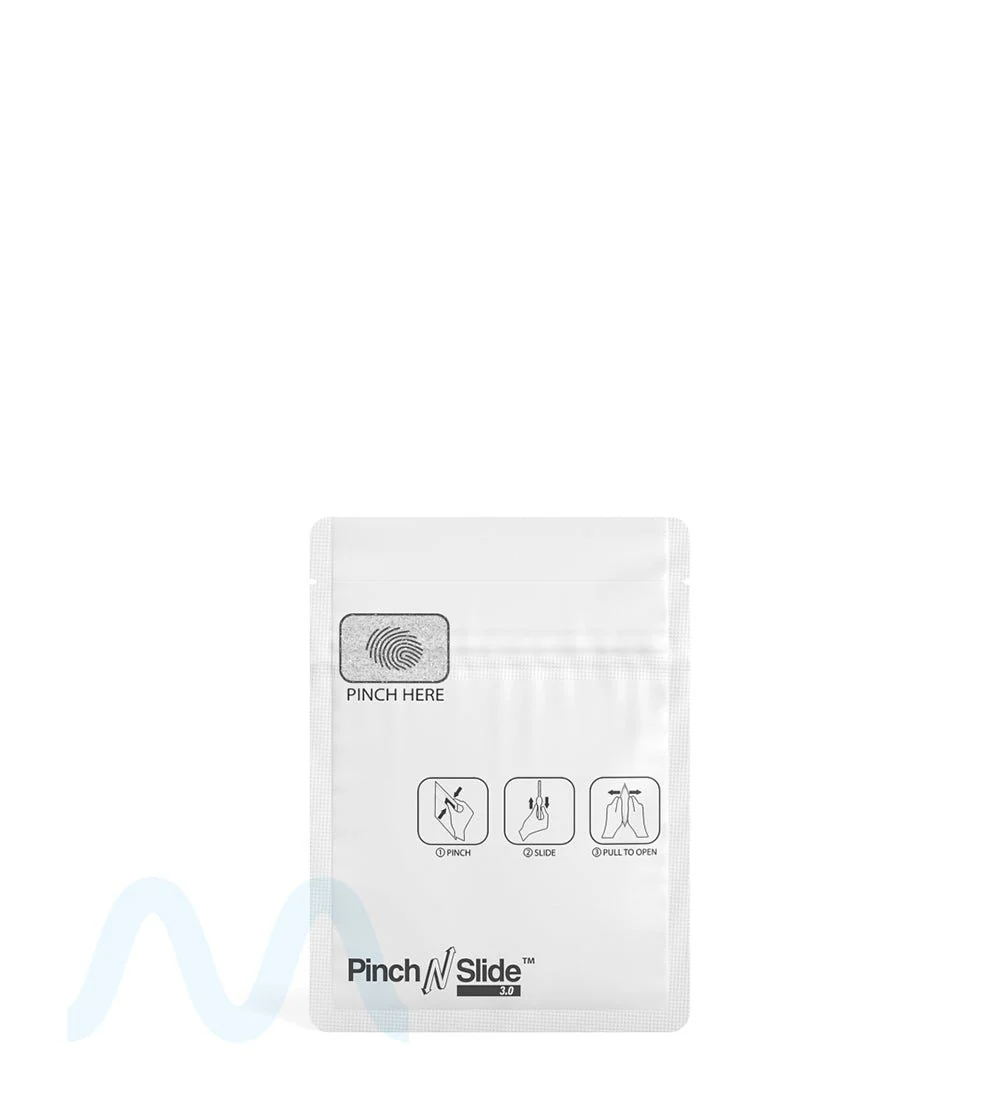 Child Resistant & Tamper Evident | Pinch N Slide 3.0 Matte White Vista PCR Mylar Bags | 3.3in x 4.4in - 1g - 250 Count - Image 3