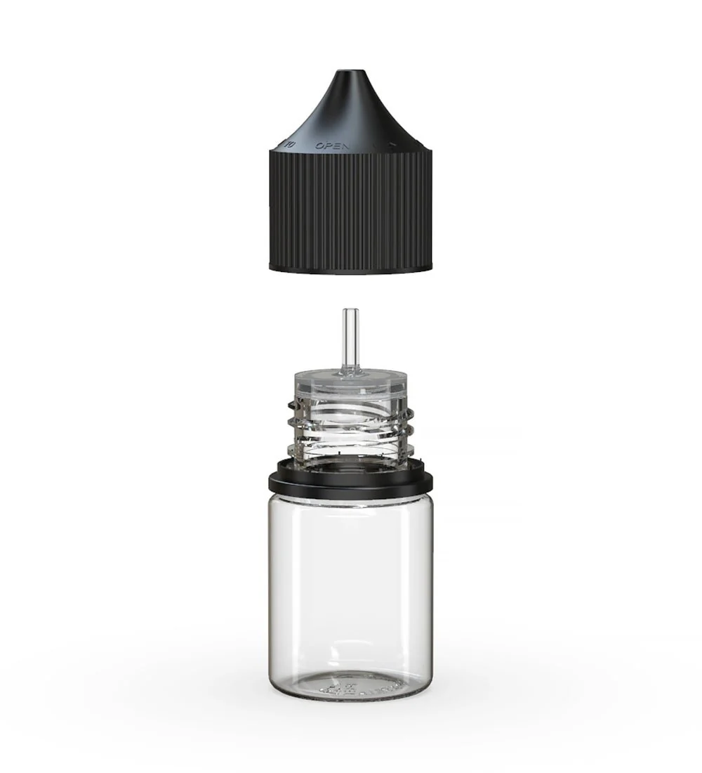 CHUBBY GORILLA | Child Resistant Stubby Unicorn PET Dropper Bottles Clear | 20mL - w/ Black Lid - 1000 Count - Image 2