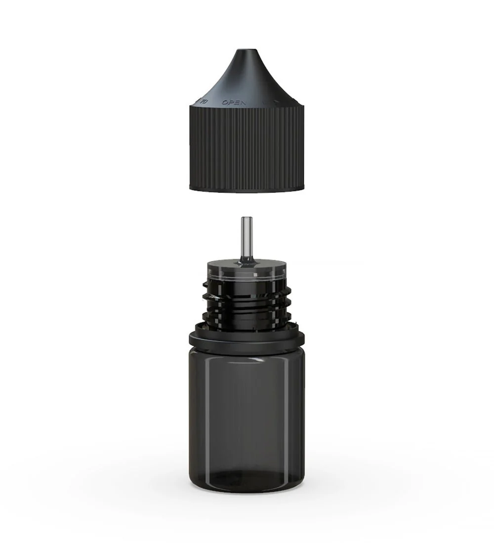 CHUBBY GORILLA | Child Resistant Stubby Unicorn PET Dropper Bottles Transparent Black | 20mL - w/ Black Lid - 1000 Count - Image 2