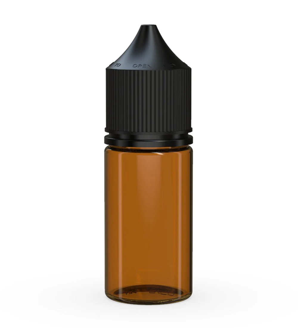 CHUBBY GORILLA | Child Resistant Stubby Unicorn PET Dropper Bottles Amber | 30mL - w/ Black Lid - 1000 Count