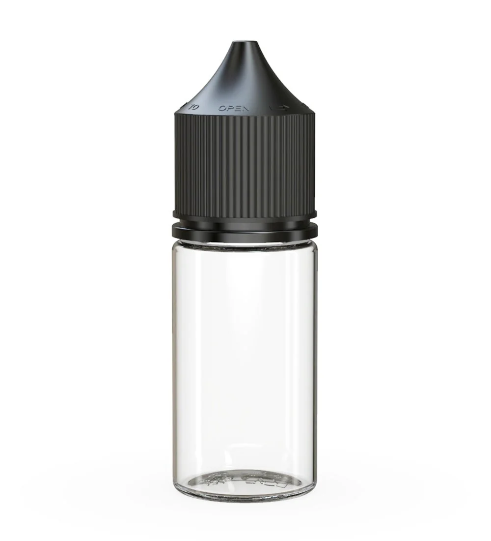CHUBBY GORILLA | Child Resistant Stubby Unicorn PET Dropper Bottles Clear | 30mL - w/ Black Lid - 1000 Count