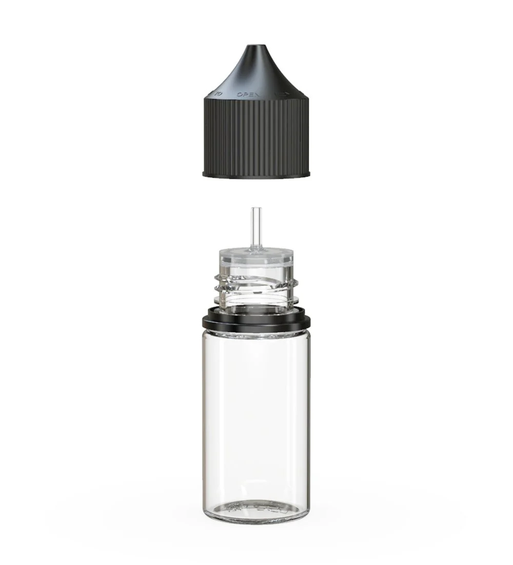 CHUBBY GORILLA | Child Resistant Stubby Unicorn PET Dropper Bottles Clear | 30mL - w/ Black Lid - 1000 Count - Image 2