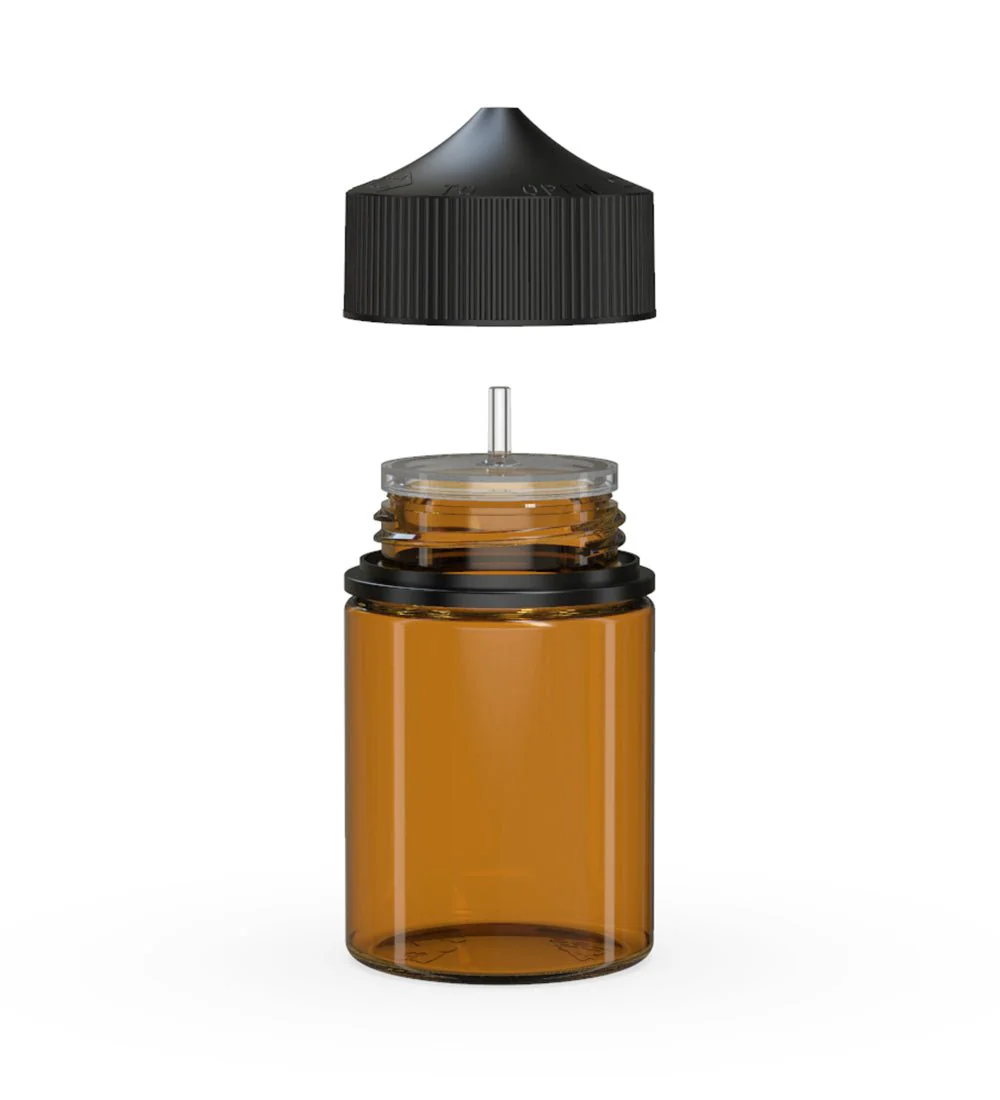 CHUBBY GORILLA | Child Resistant Stubby Unicorn PET Dropper Bottles Amber | 60mL - w/ Black Lid - 500 Count - Image 2