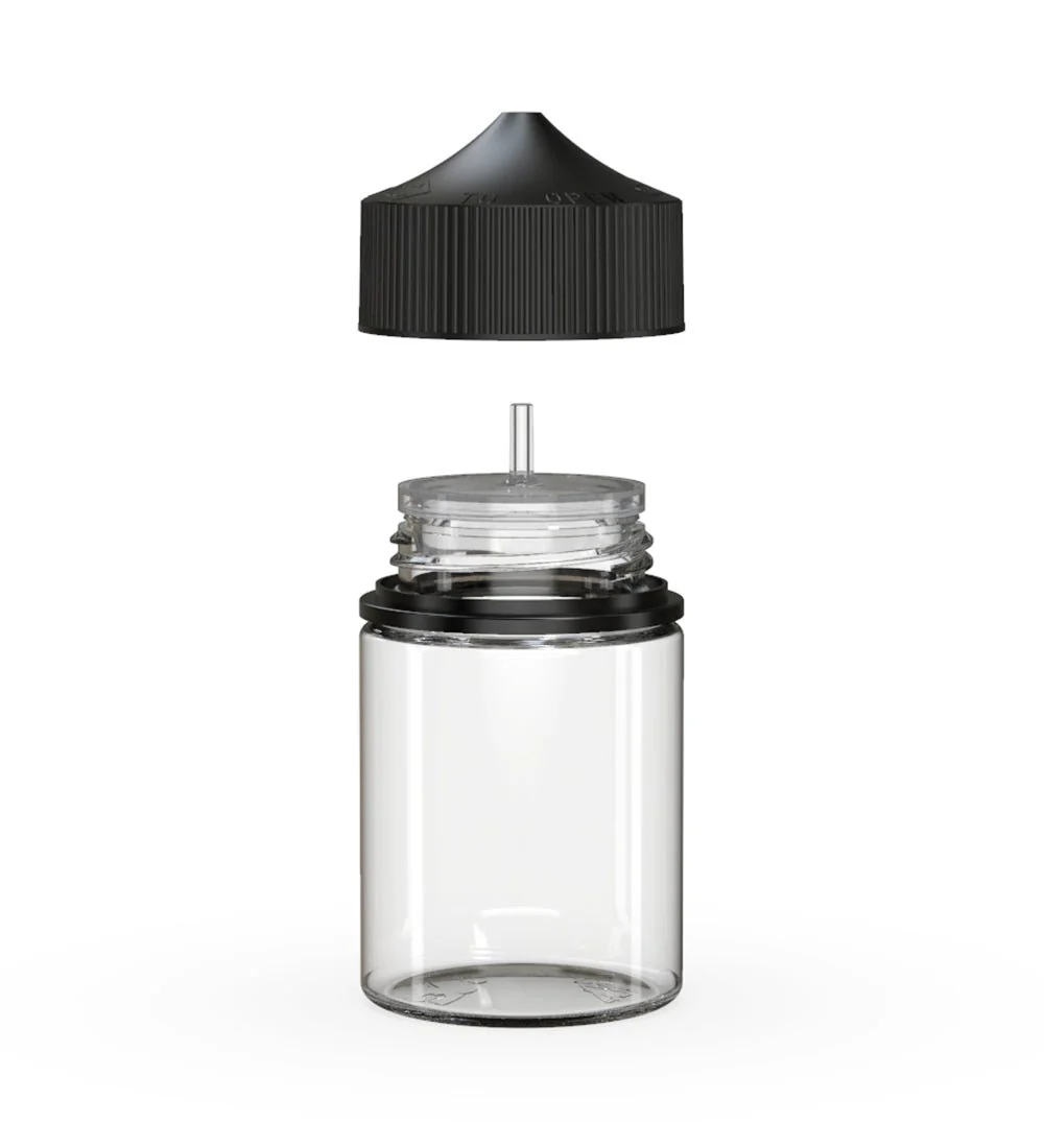 CHUBBY GORILLA | Child Resistant Stubby Unicorn PET Dropper Bottles Clear | 60mL - w/ Black Lid - 500 Count - Image 2