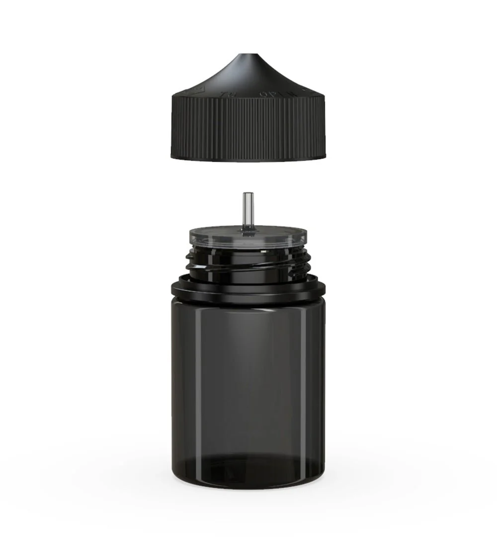 CHUBBY GORILLA | Child Resistant Stubby Unicorn PET Dropper Bottles Transparent Black | 60mL - w/ Black Lid - 500 Count - Image 2