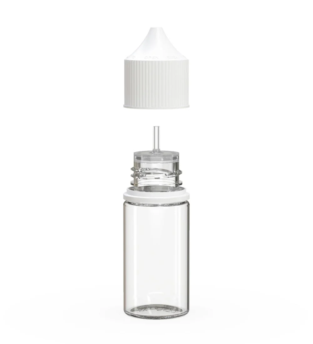 CHUBBY GORILLA | Child Resistant Stubby Unicorn PET Dropper Bottles Clear | 30mL - w/ White Lid - 1000 Count - Image 2