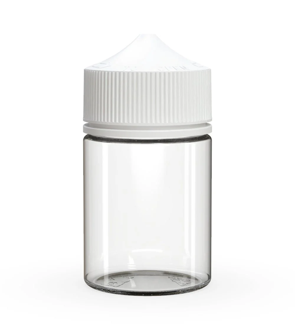 CHUBBY GORILLA Child Resistant Stubby Unicorn PET Dropper Bottles Clear | 60mL - w/ White Lid | Sample