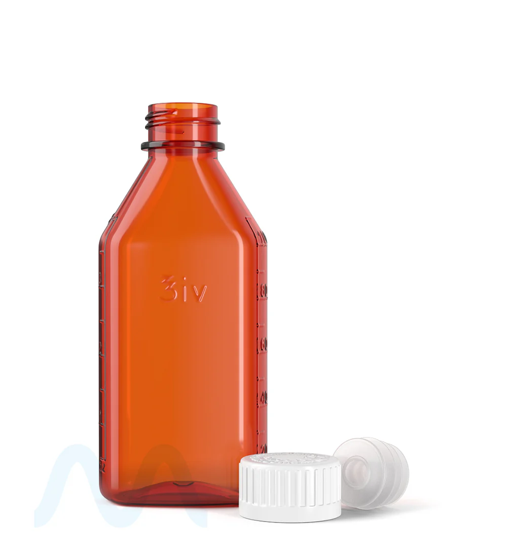 Child Resistant | Push Down & Turn Plastic Syrup Bottles w/ Oral Adapters | 4oz - Amber - 120 Count - Image 13