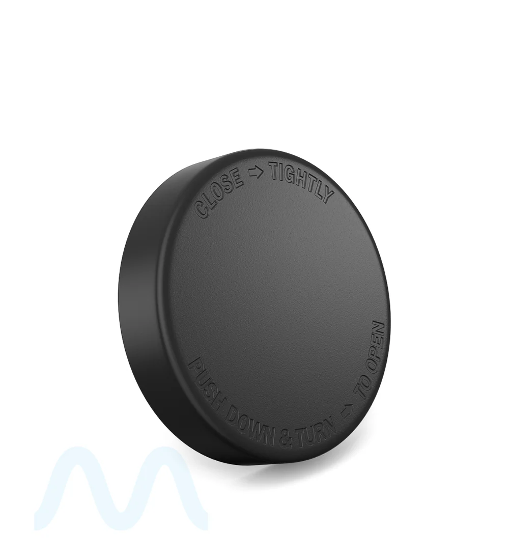 POLLEN GEAR | Child Resistant Wide Mouth Push Down & Turn Plastic Caps w/ Pressure Seal Liner | 66mm - Matte Black - 540 Count